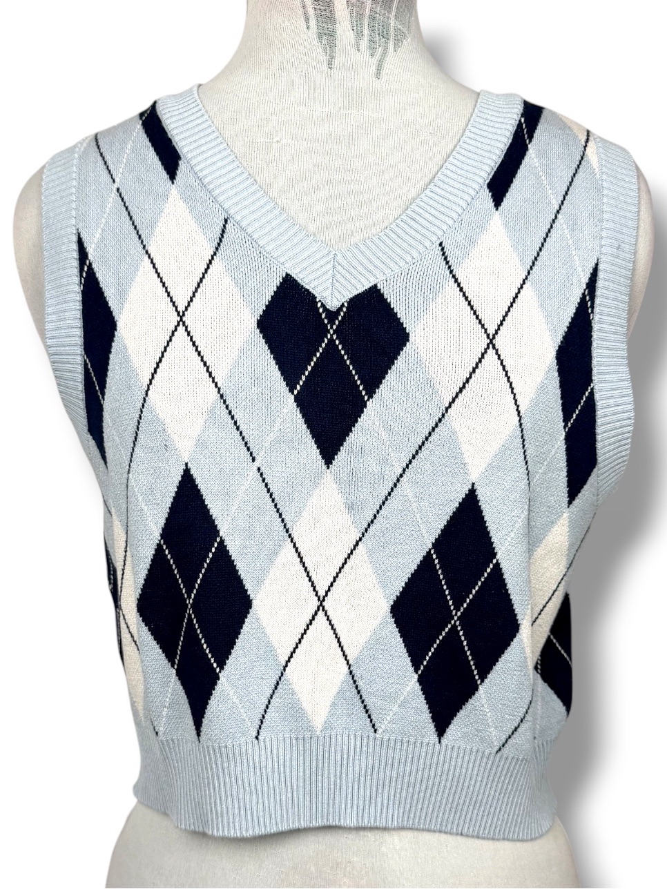 Cropped Argyle V-Neck Sweater Vest Blue Navy Sz G/L